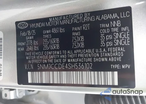 2025 Hyundai Tucson Sel Convenience из США, поврежденный, VIN 5NMJCCDE4SH536102